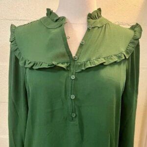 Loft Outlet Petite Women's Size XSP Emerald Green Ruffled Long Sleeve Blouse